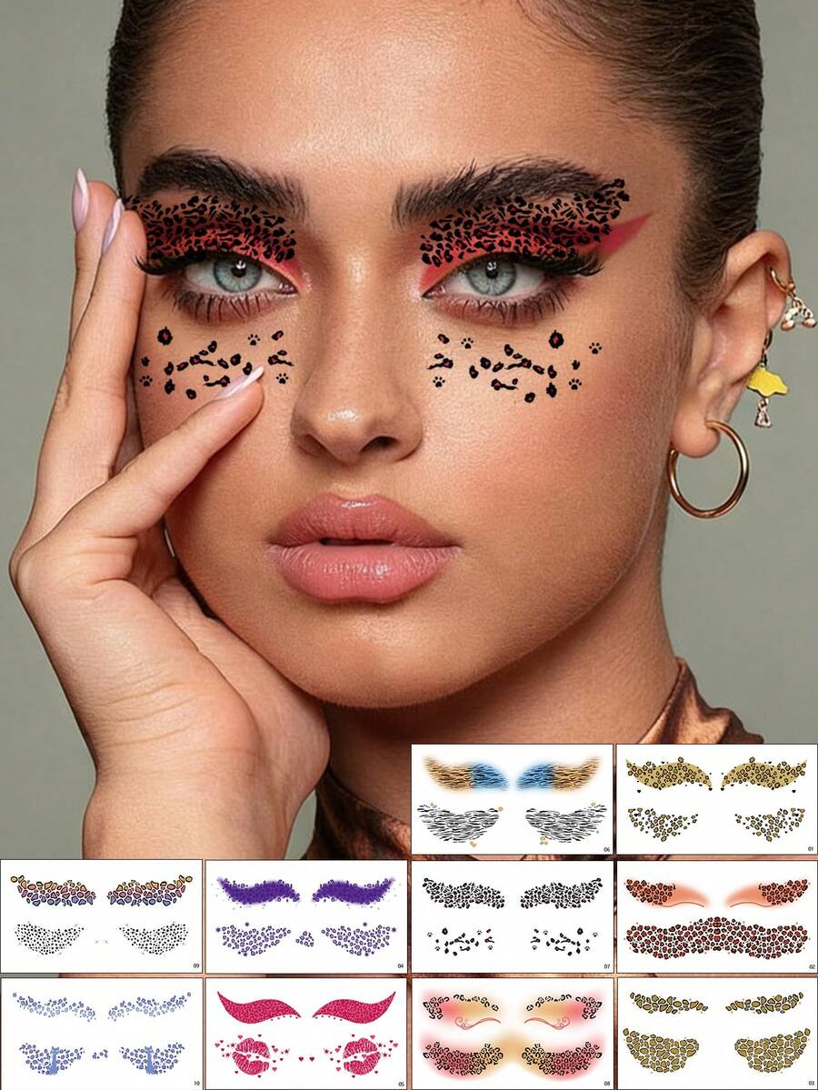 10 Sheets Leopard Print Face Temporary Tattoo Stickers, Colorful Animal Print Eye Makeup Stickers, Waterproof Cheetah Zebra Pattern Facial Decals For Festival Rave Party Halloween Women Eye Decor - Multicolor - View 1