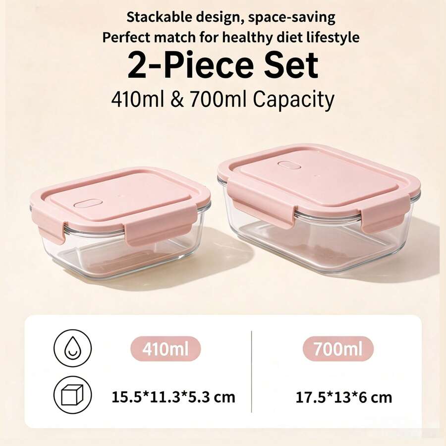 2 Buah Wadah Penyimpanan Makanan Kaca Borosilikat Tinggi dengan Tutup Merah Muda, Set Kotak Makan Siang Bento 410ml & 700ml, Kotak Persiapan Makanan Kedap Udara yang Dapat Digunakan Kembali, Pengatur Kulkas, Wadah Camilan, Aksesori Dapur Cocok untuk Kerja, Sekolah, Piknik, dan Berkemah - Berwarna merah muda - View 1