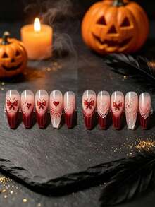 1 Stück Stück Halloween Party Nacht Pendeln Dunkler Ton Nude Nagelkunst Aufkleber mit blutroten Mini-Elementen, dezenter roter Glitzer Vintage-Stil, kleine Spinnennetze und Herz-Füllungen für Nagellücken und French Tips, süßer & edgy Nischenstil, geeignet für kurze quadratische/runde Alltagsnägel, wasserfeste dünne Aufkleber, langanhaltend und langanhaltend, resistent gegen Einrollen und Abblättern - Verschiedenfarbig - Übersicht 3