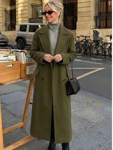 女款長袖純色外套，附口袋與雙排扣設計，鄉村風，冬季 - 軍綠色 - 查看 2