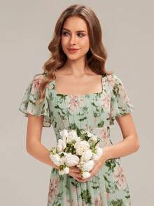 EVERPRETTY Elegant Chiffon Bridesmaid Dress Ruffle Sleeves Square Neck Flattering Dress Summer Fall Wedding Guest Dresses For Weeding Party,Beach Vacation - Green - View 6