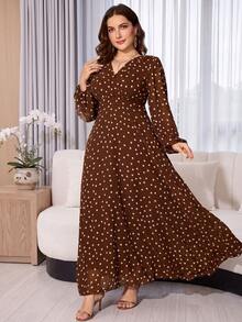 Women's Vintage Brown Polka Dot Dress, Overlap Collar, Bishop Sleeves, Flared Hem, Elegant Plus Size Soft Dress Vacation Summer - Coffee Brown - View 4