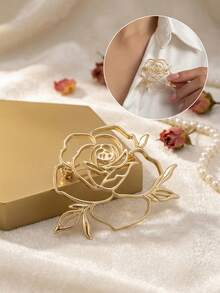 4pcs Elegant Golden Minimalist Hollow Flower Brooches, Line Art Rose Daisy Lily Pins For Backpack, Women Aesthetic Jewelry Accessories, Y2K - Gold - View 7