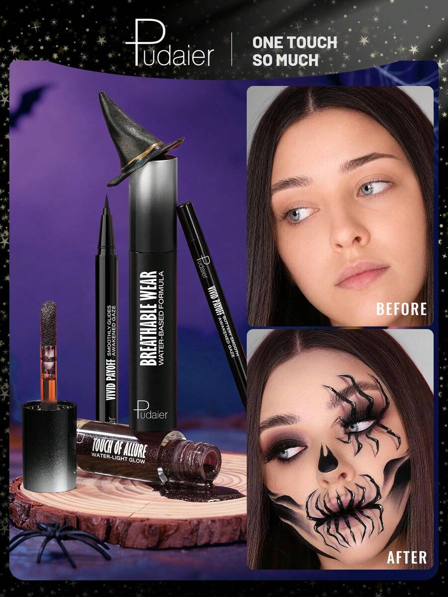 Pudaier 4Pcs Halloween Makeup Set Multi-Use Cosmetic Set For Face & Lips Vivid Color Eyeliner Glitter Lip Gloss & Mascara For Halloween Costume & Party Perfect For Spooky & Gothic Halloween Looks - 02 - View 1