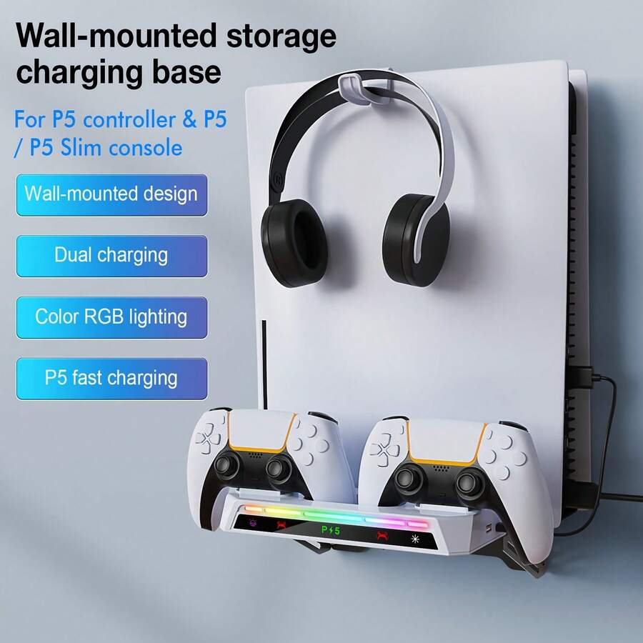 P5/P5 Slim/P5 Pro Wall Charging Dock, 2.5H Dual Fast Charge, 9 RGB Light Effects, Headphone Holder, Cooling Design, Anti-Tipping, Metal+ABS, Black+White, For Gamers - Black and White - View 1
