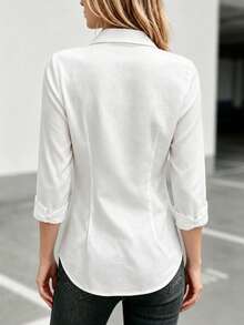Women's Button-Front White Long Sleeve Linen Shirt, Slim Fit Collared Work Commute Top - White - View 2