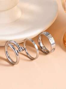3pcs/Set Gold-Plated Clover Rings For Women, Cubic Zirconia Stackable Rings Jewelry Gift - Style a - View 7