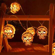 1pc 10 LED Skull String Lights With Vibrant Floral Pattern - Battery Powered (Batteries Not Included), Suitable For Halloween, Day Of The Dead, Haunted House And Home Decor - Plastic Material, Switch Control, No Plug Required, Halloween Decoration - Multicolor - View 6