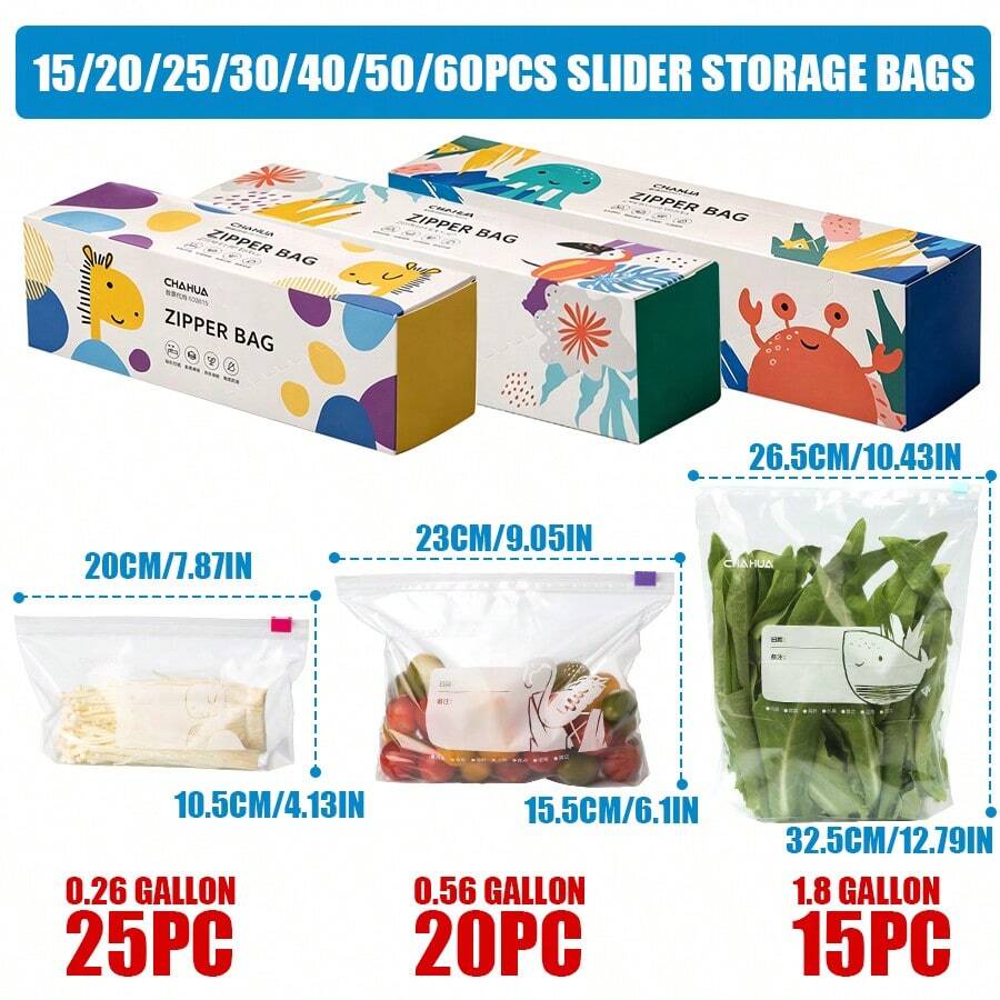 60pcs/50Pcs/45Pcs/25Pcs/15Pcs Assorted Sizes Ziplock Food Storage Bags In Dispenser Box, Leakproof Reusable Seal Bags With Cute Cartoon Prints, Easy-Tear Clear Plastic Food Bags For Snacks Fruits Vegetables Meal Prep Travel Organization