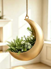 1/2pcs 3D Printed Luxury Metallic Gold Crescent Moon Hanging Planter, Hemp Rope Suspended Air Planter, Suitable For Succulents, Baby's Breath, Hydrangea Artificial Flowers, Bedroom Balcony Wall Star Moon Style Soft Decoration Flower Pot - Crescent Moon - View 4