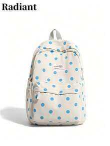 Mochila con estampado de lunares para mujer con bolsillo delantero y correas ajustables, bolsa escolar de poliéster casual para uso diario - Blanco - Ver 1