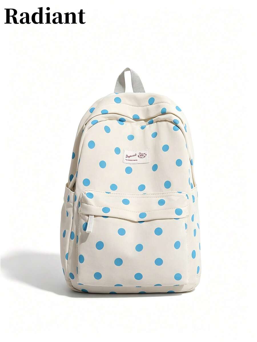 Mochila con estampado de lunares para mujer con bolsillo delantero y correas ajustables, bolsa escolar de poliéster casual para uso diario - Blanco - Ver 1