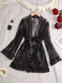 Spring/Summer Lace Trim Comfortable Soft Robe With Waist Tie For Women, All-Season Party Sleepwear, Elegant Morning Robe - Black - View 3