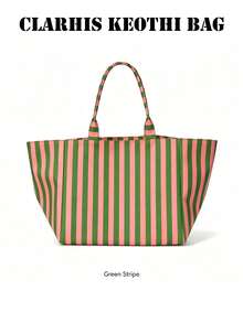 Tas Tote Kanvas Garis Vertikal Blok Warna, Pilihan Warna Beragam, Tas Bahu Genggam Kapasitas Besar untuk Belanja Sehari-hari dan Perjalanan Pantai - MultiWarna - View 6