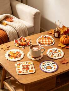 1pc/6pcs Exquisite Autumn Wooden Coasters, Cute Squirrel, Ghost, Maple Leaf And Pumpkin Patterns, Suitable For Home, Kitchen, Dining Room, Office, Holiday Party, Birthday Gift, Halloween Coasters, Thanksgiving Coasters, 2D Flat Design, Home Decor - Multicolor - View 10
