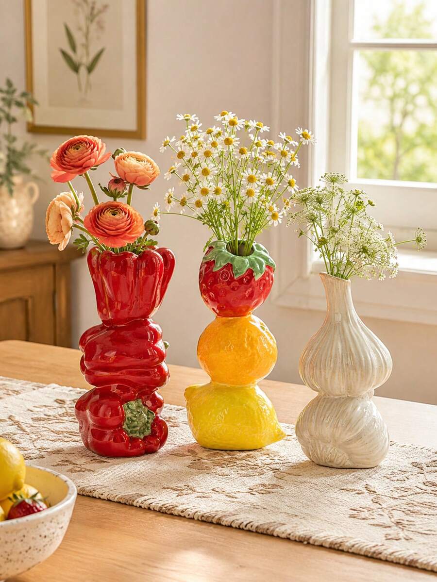 1個陶瓷花瓶，可愛水果與蔬菜造型，新穎大蒜/草莓/甜椒花瓶，趣味廚房裝飾，獨特美學花瓶適合客廳與層架展示，優雅鄉村風家居裝飾，適合乾花與蘆葦花藝布置的獨特禮物