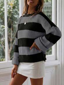 Women's Casual Colorblock Striped Pattern Drop Shoulder Loose Sweater - Black and Gray - View 4