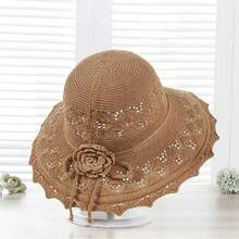 1pc Elegant Women's Floral Crochet Decor Straw Bucket Hat - Breathable, Sun Protection, Multi-Functional Summer Beach Hat, Beach Essential - Multicolor - View 11