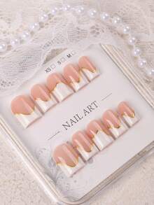 10pcs Y2K Square Nail Sticker Set, Handmade Pink & White French Press-On Nails, Hand-Painted Asymmetrical French Edge With 3D Gold Pattern, Exquisite Glossy Elegant Fake Nails, Suitable For Party & Daily Wear, Women & Girls Holiday Gift - Multicolor - View 3