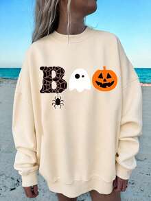 Halloween Print Pattern Crew Neck Sweatshirt, Plus Size Women's Casual Autumn/Winter Long Sleeve Sweatshirt, Suitable For Winter Holiday Outfits, Beach Outfits, Vacation Outfits, Autumn Outfits, Halloween Outfits, Thanksgiving Outfits, Christmas Outfits, New Year Outfits. Suitable For Daily Wear, Going Out Tops, Outings, Holidays, Beach, Parties, Birthdays, Beach, Balls, School, Graduation, Luxury, Vacation, Commuting, Fitness, Weddings, New Year, Fashion, Winter Tops, Women's Autumn Outfits, Women's Holiday Wear - Apricot - View 1