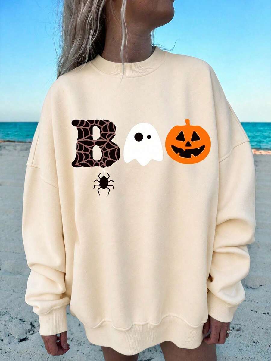 Halloween Print Pattern Crew Neck Sweatshirt, Plus Size Women's Casual Autumn/Winter Long Sleeve Sweatshirt, Suitable For Winter Holiday Outfits, Beach Outfits, Vacation Outfits, Autumn Outfits, Halloween Outfits, Thanksgiving Outfits, Christmas Outfits, New Year Outfits. Suitable For Daily Wear, Going Out Tops, Outings, Holidays, Beach, Parties, Birthdays, Beach, Balls, School, Graduation, Luxury, Vacation, Commuting, Fitness, Weddings, New Year, Fashion, Winter Tops, Women's Autumn Outfits, Women's Holiday Wear - Apricot - View 1