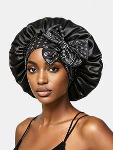 1 pieza Gorro de dormir ajustable con cinta de satén para mujer, pañuelo para la cabeza, adecuado para uso diario - Negro - Ver 23