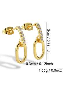 Charm-In Pendientes colgantes de eslabón de clip de papel con pavé de CZ en latón chapado en oro de 18K, delicados pendientes colgantes de óvalo enlazado para mujeres, joyería minimalista para uso diario y trabajo - Dorado - Ver 4