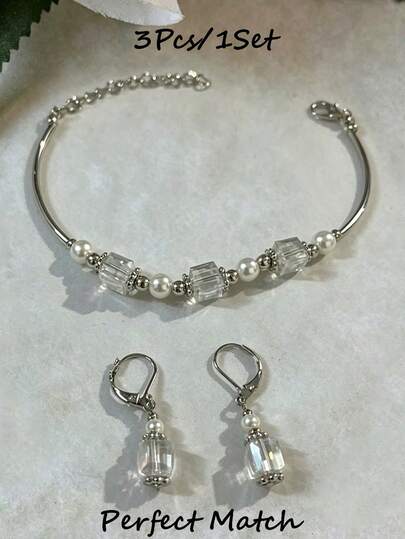 3pcs Women's Bracelet & Earring Set, Silver Metal Faux Pearl Geometric Asymmetrical 3D Zirconia, Suitable For Daily Commute, Date, Wedding