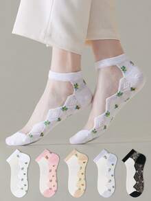 ZUJO 5 Pasang Kaos Kaki Pendek Jala Transparan Wanita, Motif Bunga & Berlian, Cocok untuk Pemakaian Sehari-hari di Musim Semi, Gugur, dan Musim Panas, Minimalis, Warna Acak - MultiWarna - View 1