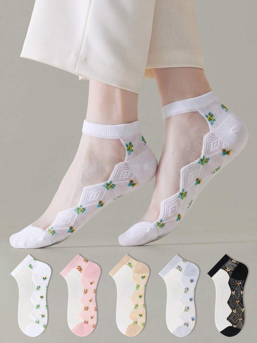 ZUJO 5 Pasang Kaos Kaki Pendek Jala Transparan Wanita, Motif Bunga & Berlian, Cocok untuk Pemakaian Sehari-hari di Musim Semi, Gugur, dan Musim Panas, Minimalis, Warna Acak - MultiWarna - View 1