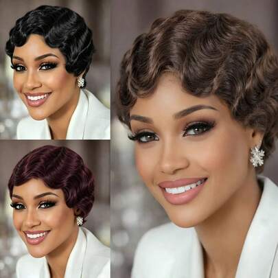 Wig Rambut Manusia Model Pixie Cut Retro Finger Wave Warna Cokelat, 99J, 1B dengan Poni untuk Wanita, Kepadatan 180%, Gaya Rambut Gelombang Dalam Berlapis, Wig Rambut Manusia Brazil, Keriting Pendek 4 Inci untuk Wanita Elegan, Sempurna untuk Pemakaian Sehari-hari & Pesta