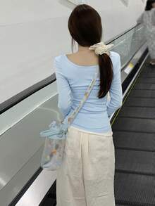 Atasan Kaos Wanita Kasual Model Korea Gaya Slim Fit dengan Patchwork Renda dan Lapisan Dalam 2 in 1 - Biru - View 5