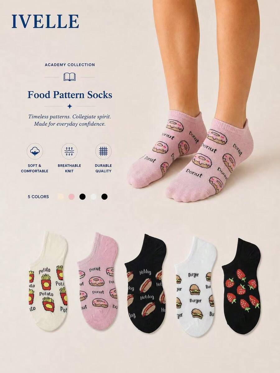 5 Pairs Women's Food Print No Show Socks, Cute Donut Burger Strawberry Cotton Low Cut Socks - Multicolor - View 1