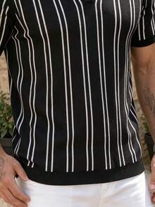 ALTZTAR Vintage Fine Vertical Striped Knit Short Sleeve Polo Shirt, Men's Casual Commute Elastic - Black - View 6