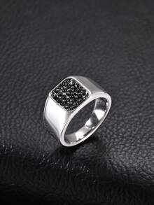 1pc Vintage Black Zirconia Stainless Steel Cast Ring For Men, Punk, Gothic Style, Jewelry Accessory, Daily Wear - Silver - View 2