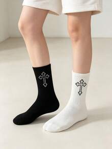 Calcetines largos hasta la pantorrilla estilo americano vintage con cruz, unisex, negro & blanco, versátiles para calle y deportes - Multicolor - Ver 8