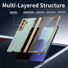 VIETAO 電鍍材質人造皮革全包覆手機殼，適用於 Galaxy Z Fold 7 6 5 4 8 Ultra Fold7 Fold6 Fold5 Fold4，附強化玻璃螢幕保護貼 - 青色 - 查看 7