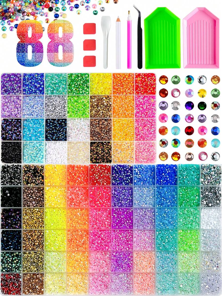 2 Boxes 52-Grid Resin Rhinestone Nail Art Set, Round Crystal Nail Rhinestones, Shiny Rhinestone Set, Includes Wax Pencil, Tweezers And Rhinestone Tray Tools, Suitable For Nail Art, Tumblers, Clothing, Scrapbooking And DIY Crafts - Multicolor - View 1