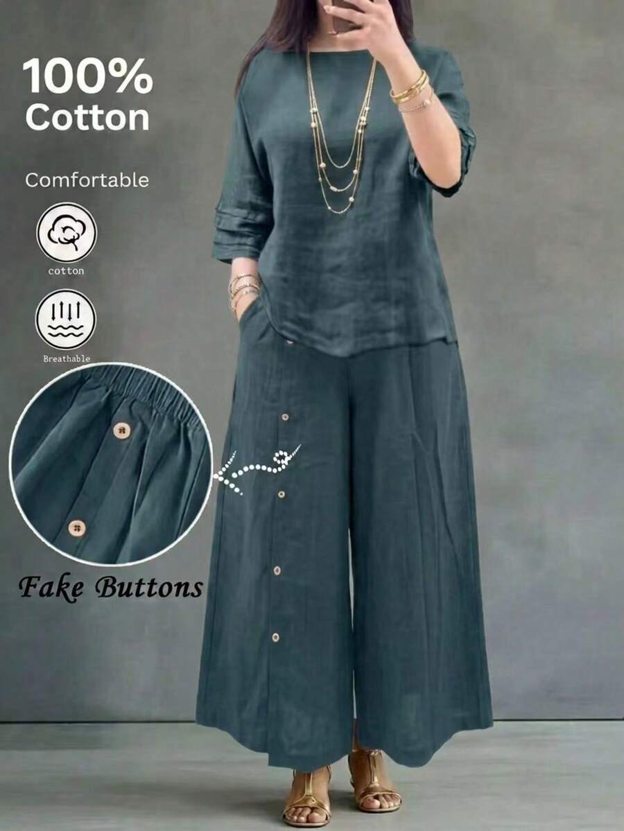 Summer Women's Japanese Minimalist 2-Piece Set, Round Neck Loose Mid-Sleeve Top And Side Button Wide Leg Pants, Fall Clothes Elegant