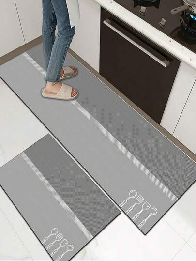 1pc Of Dark Gray, Utensil-Patterned Rubberized Soft Mat For Kitchen Floors, Water-Absorbing And Easy To Clean. Suitable For Use In Kitchens, Bathrooms, And Other Areas. Ideal For Use Throughout The Year And For Various Holidays.
