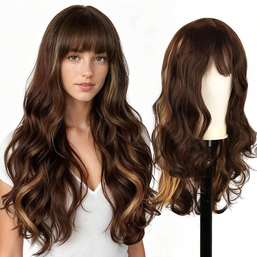 SHESHAIR Long Brown Mixed Blonde Wavy Wigs For White Women Kinky 26 Inch Glueless Wig 180% Density Wear Curly Wigs With Bangs Versatile Daily And - White - View 1