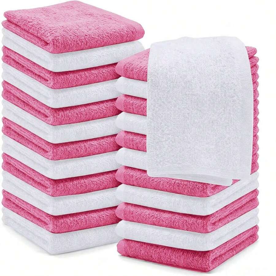 6/12/24pcs Face Towels, 10x10 Inch Highly Absorbent Soft Handkerchiefs, Machine Washable, Suitable For Bathroom, Gym, Hotel, Spa And Kitchen, Multiple Colors - Pink+White - View 1