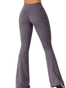 Fleece-Lined FLARE Pants, FLANNEL-Lined Leggings Ideal For Pilates, Gym, Running And Aerobics, Butt-Lifting High-Waisted - 石楠灰 - 查看 3