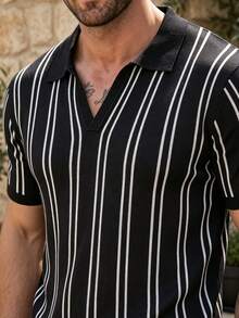 ALTZTAR Vintage Fine Vertical Striped Knit Short Sleeve Polo Shirt, Men's Casual Commute Elastic - Black - View 5