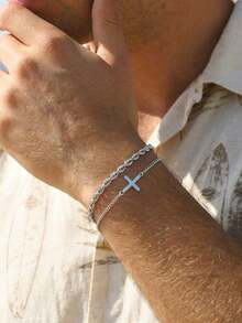 Men's 2-Piece Stainless Steel Cross Bracelet Set, Minimalist Cross Pendant With Classic Twisted Chain, Durable Silver-Tone Wristband, Suitable For Casual Everyday Style - Silver - View 4