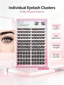 Individual Fluffy Lashes,Lash Clusters D Curl,12 Rows 12-16MM Mixed Lash Extensions,Soft And Natural Fluffy False Eyelashes Individual DIY Eyelash Extension At Home(F16) - C/D MIX - View 8