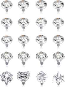 Set 20 Buah Penjepit Dermal Minimalis, Perhiasan Tindik Dermal Multi-Bentuk AAA+ Berulir Internal dari Baja Tahan Karat Bedah untuk Pria dan Wanita - Perak - View 8