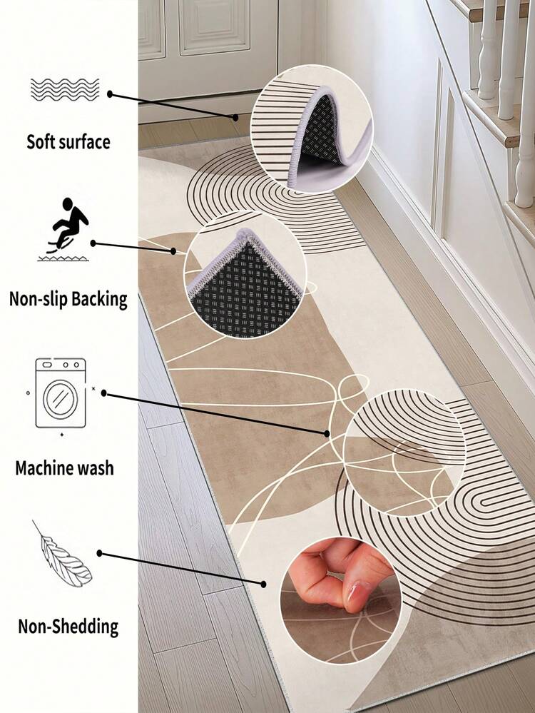 Modern Geometric Abstract Line Runner Rug, Non-Slip Jelly Backing Washable Hallway Kitchen Entryway & Laundry Bedside Long Carpet - Dark Brown - View 2
