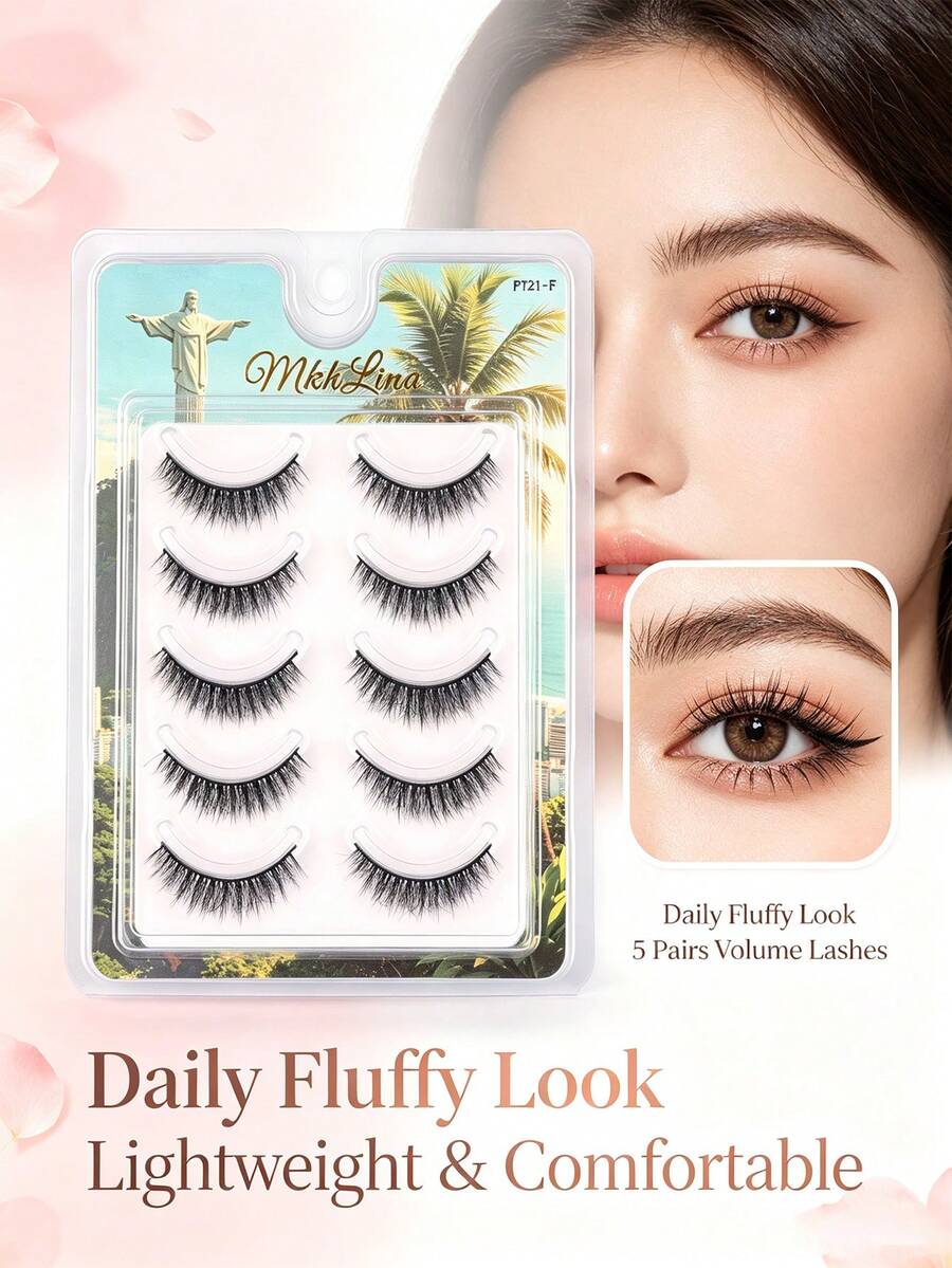Mkhlina 5 Pairs Natural Short Fluffy Voluminous Lively False Eyelashes, Soft And Reusable For Daily Wear (PT21F) - 黑色 - 查看 1