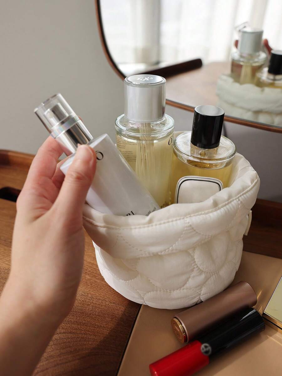 Organizador de almacenamiento de escritorio con estampado floral & unicolor, soporte plegable para brochas de maquillaje, caja de almacenamiento de artículos diversos para dormitorio de chicas - Blanco - Ver 1